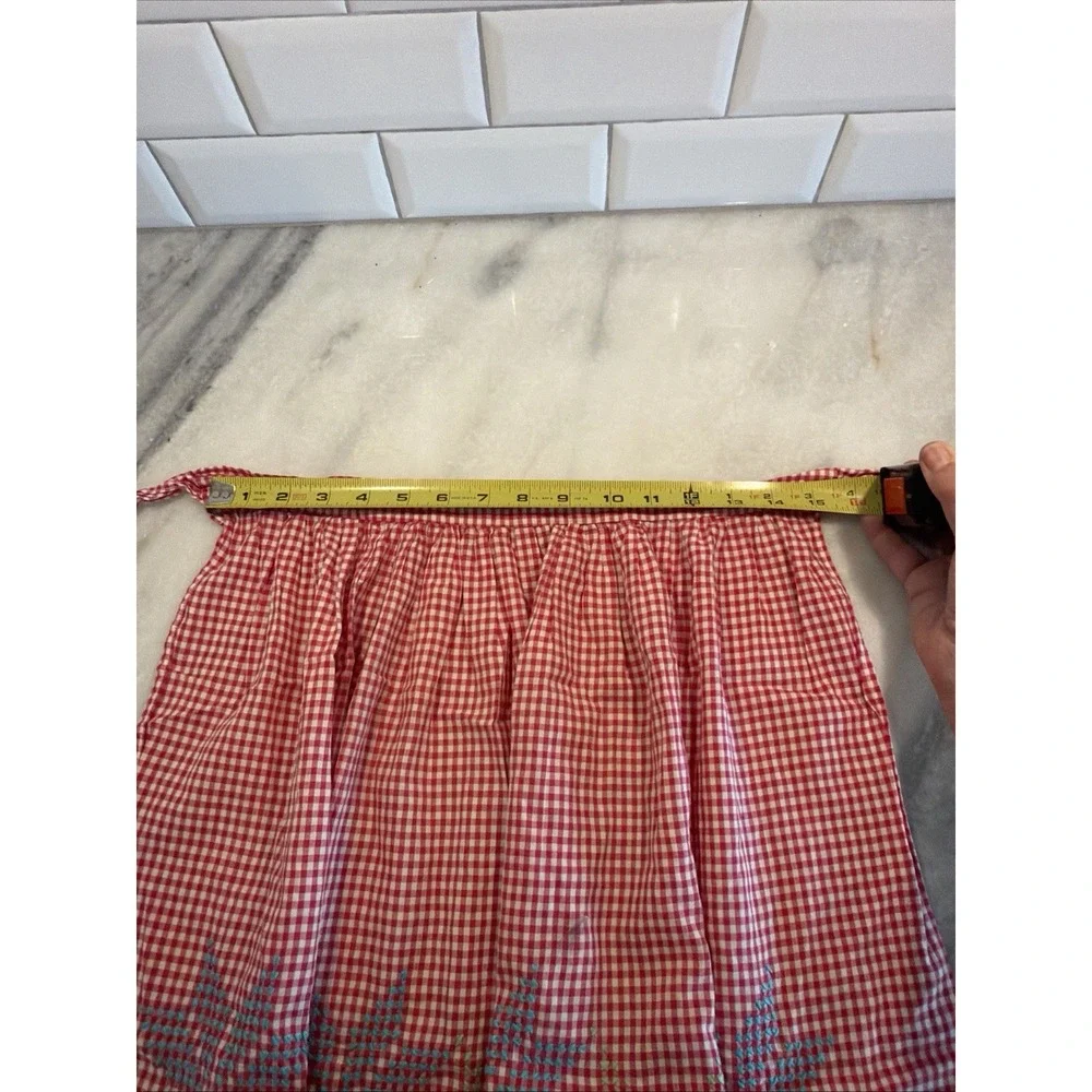 Vintage Hand Made Half Apron With Embroidery Red and White Check